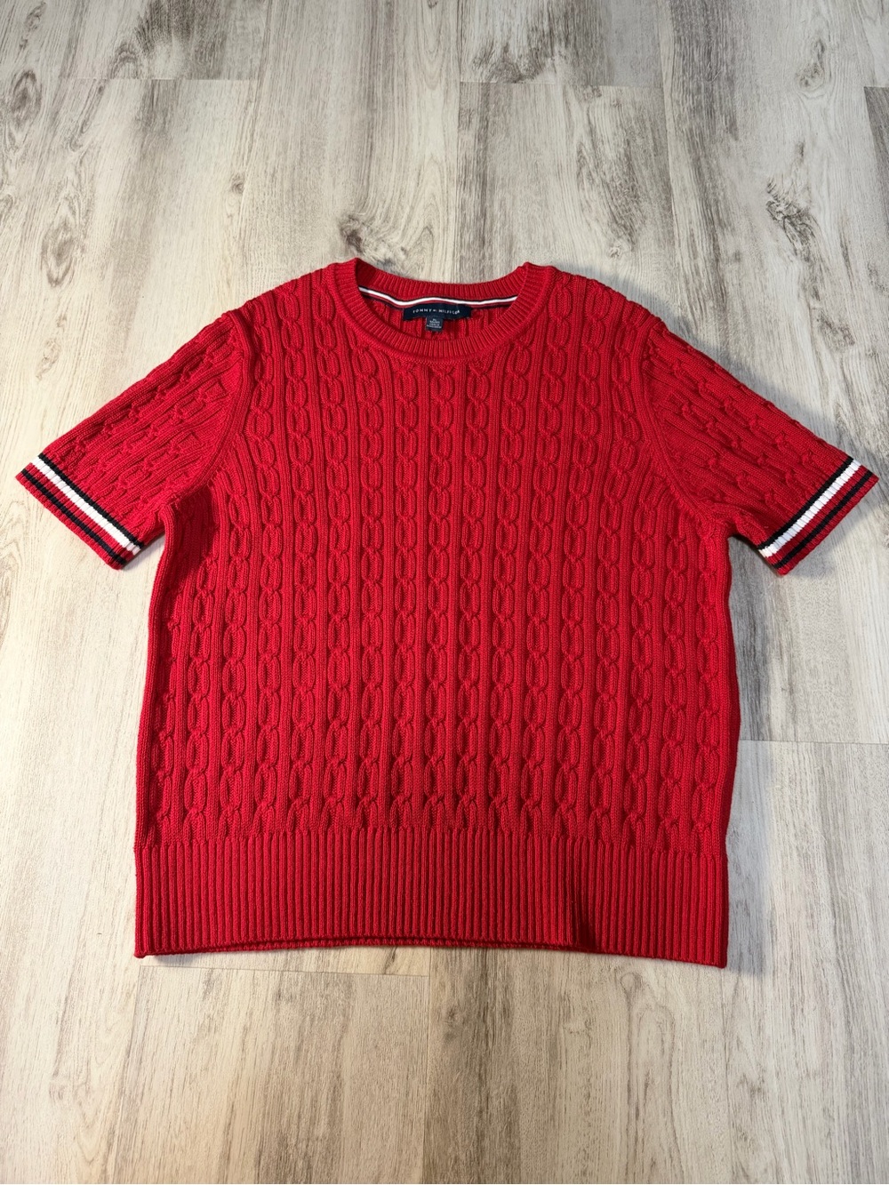 Tommy Hilfiger Red Cable-Knit Crewneck Sweater with Stripe Trim